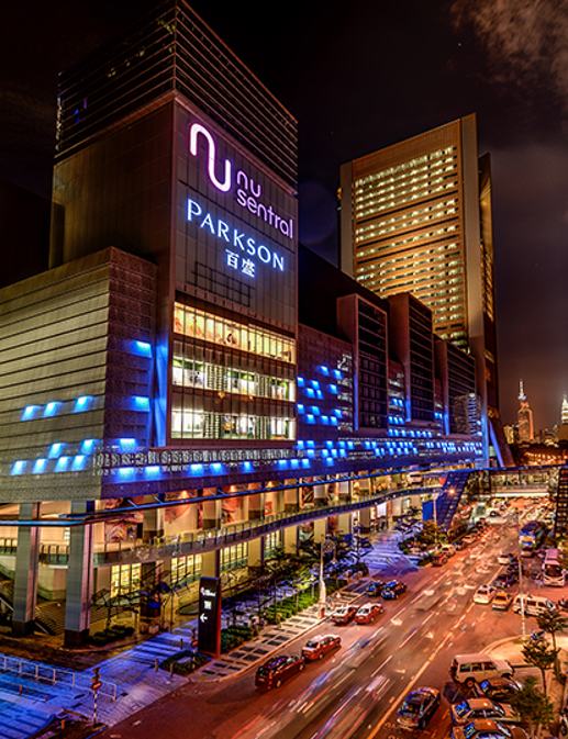 NU Sentral mall lit up at night